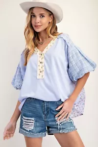 Easel Women's Floral Plaid Mixed Print Bubble Sleeve Top in Peri Blue - Picture 1 of 5