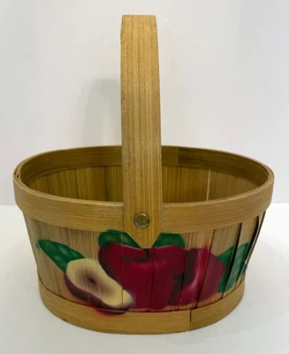 Vintage Farmhouse Small Oval Wicker Woven Basket With Handle Handpainted Apples - Image 1 of 4