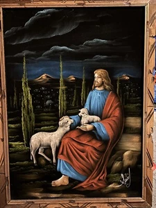 Vintage Jesus Christ Holding Lamb Black Velvet Painting Approx. 29”x39” - Picture 1 of 3