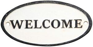 NEW  HomART Cast Iron BLACK/WHITE SMALL OVAL WELCOME Door Sign 7" X 3.5" 