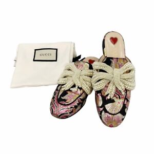 Gucci Prince Town Pearl Jacquard Bow Brocade Mule Shoes US 6 Pink Used JP Auth
