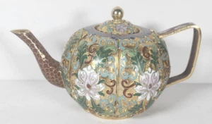Vintage Chinese Cloisonne Enamel Gold Tea Pot Small Floral Pattern Multi-Color - Picture 1 of 14