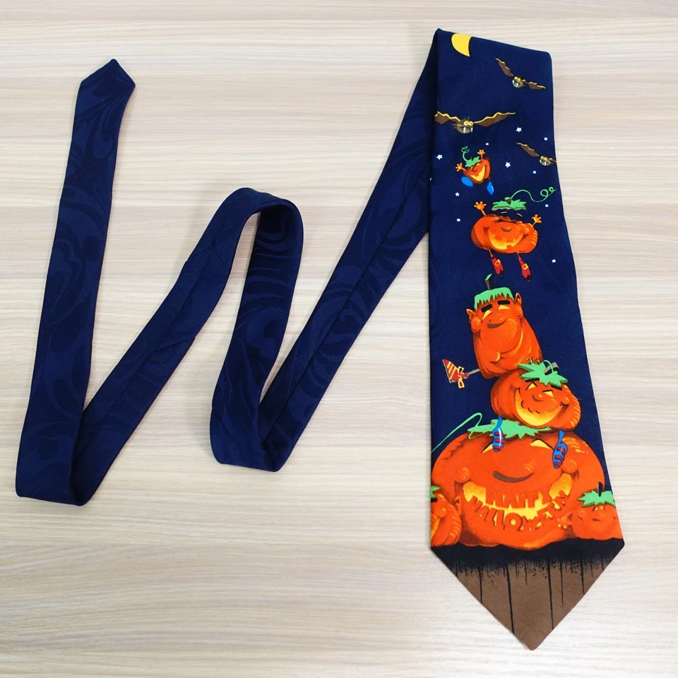 Corbata de cuello de Halloween para hombre azul marino calabaza Jack O linterna otoño vacaciones sello Foto 1 de 4