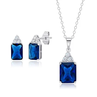 Sterling Silver Simulated Blue and White Sapphire Emerald Cut Pendant Necklac... - Image 1 of 4