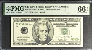 1996 $20 Federal Reserve Note Fr-2083-F Atlanta PMG66 Gem EPQ - Picture 1 of 2