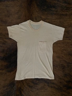 Camiseta vintage de los años 70 de papel delgada envejecida blanca con ribete en blanco bolsillo XS/S Foto 1 de 4