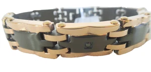 Men's Solid Two Tone Rose Gold & Black Stainless Steel Diamond Bracelet 8.5 " - Picture 1 of 8