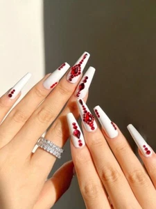 French White Coffin Long Press on Nails NEW Red Rhinestones Valentine's Day Gift - Picture 1 of 3