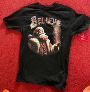 Holiday Time Mens Black Christmas Santa Believe Graphic T-shirt Size S 34-36 NWT - Picture 1 of 2