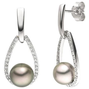 Pair Earrings From 585 White Gold Tahiti Pearls & 64 Diamonds 0,41 CT W/P1 - Picture 1 of 1