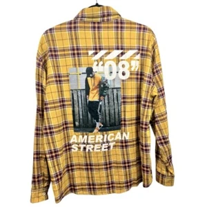 ReBorn & Audi American Street Graphic Flannel Button Up Shirt Yellow Plaid - Picture 1 of 9