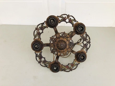 Vintage ART DECO CHANDELIER Electric 5 Fixture LIGHT CEILING HANGING  CAST IRON Cover