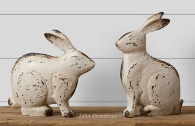 2 pc Large Distressed Chippy White Sitting BUNNIES Farmhouse  8"x6" and 6.5"x7" - Image 1 of 2