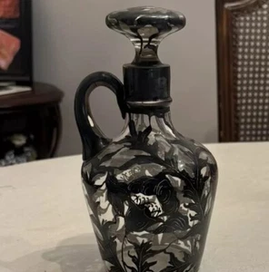 VTG Claret Jug Art Nouveau Sterling Silver Overlay Stopper Blown Glass READ 9” - Picture 1 of 12