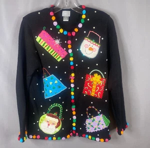 Vintage Berek Christmas Sweater Womens M Black Handbags Embellished Cardigan - Picture 1 of 10
