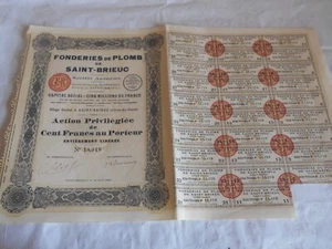 Vintage share certificate Stocks Bond actions Lead Foundries Saint Brieuc 1926 - Picture 1 of 3