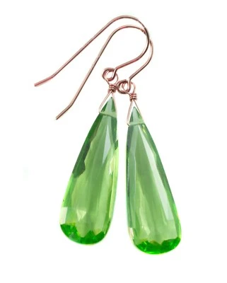Green Simulated Peridot Earrings Teardrop Long Simple Sterling 14k Solid Gold - Image 1 of 4