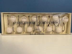 Paris Shower Curtain Hooks White Crackle Glaze Ceramic Balls NIB Black Letters - Picture 1 of 12