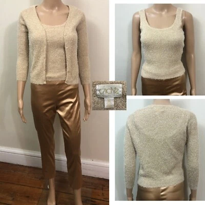 RARO De Colección CACHE 2 Piezas Suéter Conjunto Talla S Pestañas Doradas Cárdigan Tanque Hong Kong Foto 1 de 4