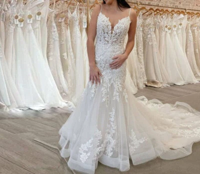 Vestidos de noiva sereia gola V alças de espaguete aplique vestido de noiva tamanho personalizado - Imagem 1 de 4