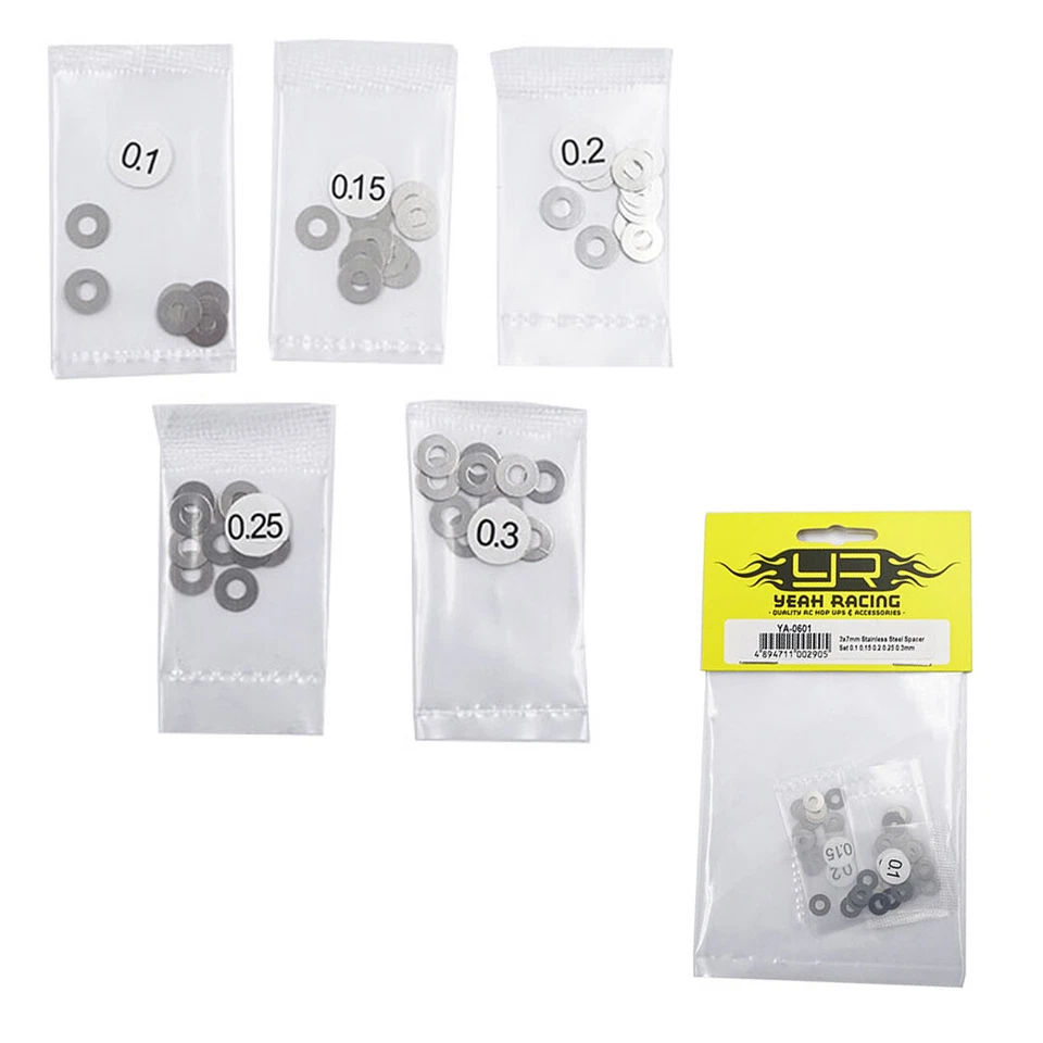 Yeah Racing YA-0601 3x7mm Stainless Stl Spacer Shim Set 0.1/0.15/0.2/0.25/0.3mm - Image 1 of 1