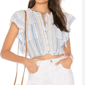 LoveShackAusgefallenes Nora Taschentuch Crop Top Blau Streifen Flatterärmel Gr. M - Bild 1 von 12