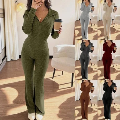 2PCS Women Loungewear Tracksuit Knitted Zip Up Cardigan Top Pants Stretch Set UK - Image 1 of 4