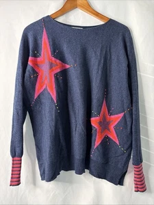 Zaket & Plover Blue Star Sweater Women L Pink Orange Striped Cuffs Pullover - Picture 1 of 8