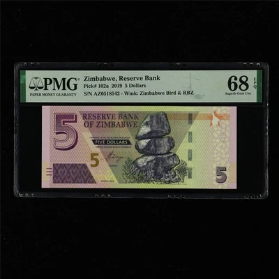 2019 Zimbabwe Reserve Bank 5 Dollars Pick#102a PMG 68 EPQ Superb Gem UNC - Image 1 of 4