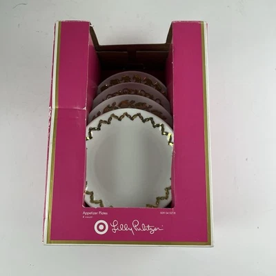 Lilly Pulitzer Para Platos Target Aperitivo de Postre 4 Porcelana con Borde Dorado NUEVO Foto 1 de 4