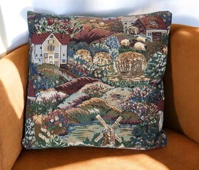 Newport Pastoral Village Tapestry Throw Pillow Vintage 15 x 15 Countryside Decor - Image 1 of 4