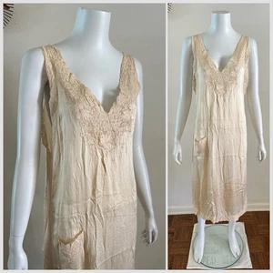 1920s Silk Satin Slip Dress Flapper Candlelight Embroidered Net Lace Antique VTG - Picture 1 of 24