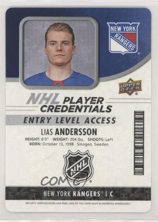 2018-19 MVP NHL Player Credentials Access Entry Level Lias Andersson Rookie RC - Image 1 of 2