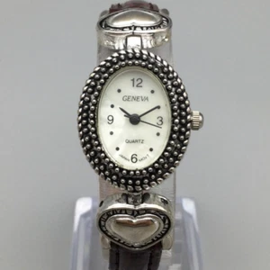 Geneva Watch Women 21mm Silver Tone Oval MOP Dial Heart Leather New Battery - Picture 1 of 16