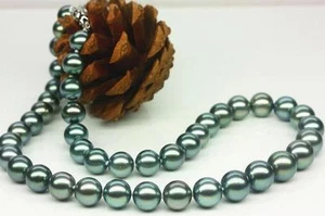 Encantador collar de perlas redondas verde pavo real genuino mar sur 17"6--9 mm 1010AA - Imagen 1 de 1