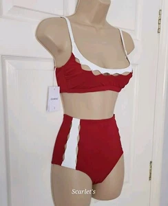 EVARAE Bikini Top & High Waisted Bottoms Size XS UK 6-8 Red White Rrp £350 New - Picture 1 of 13