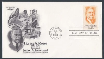 USA 2 FIRST DAY COVERS 1984 HORACE MOSES FOUNDER OF JUNIOR ACHIEVEMENT+ CACHETS - Image 1 of 2