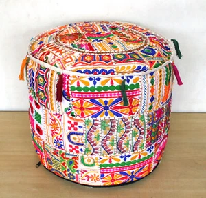 New Vintage Ottoman Pouf Cover Indian Patchwork Handmade Pouffe Decorative Round - Picture 1 of 5