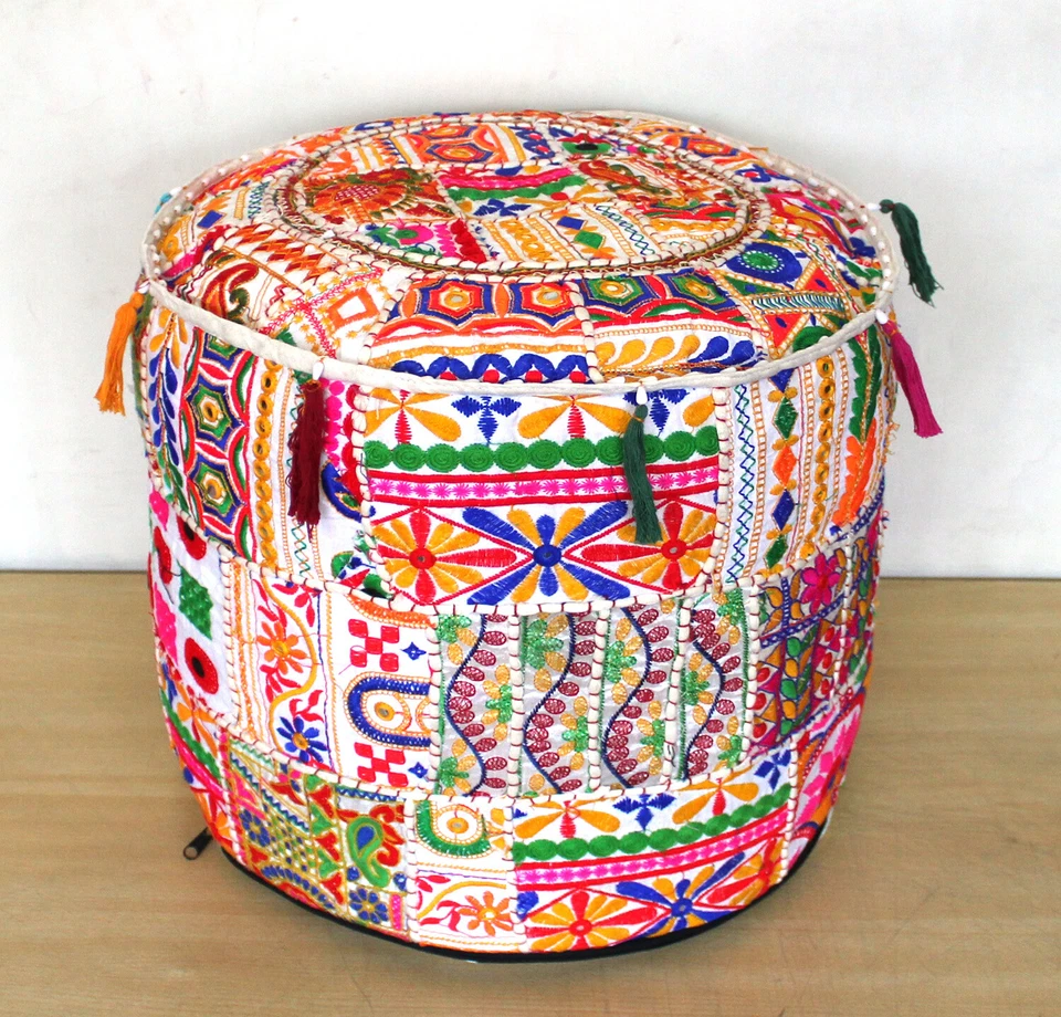 New Vintage Ottoman Pouf Cover Indian Patchwork Handmade Pouffe Decorative Round - Image 1 of 4
