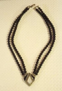 Art Deco Style Necklace 925 Sterling Pendant MOP Marcasite & Onxy Glass Beads - Picture 1 of 3