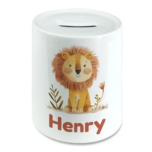 Personalised Cute Watercolour Lion Kids Savings Money Box Piggy Bank Name - Foto 1 di 2