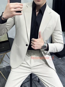 Men's Suits Solid Color 2PCS Jacket Pants Slim Fit Formal Dress Wedding Banquet - Picture 1 of 13