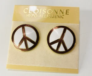 VTG Cloisonné Peace Sign Post Earrings Hypo-Allergenic Bronze & White - Picture 1 of 3