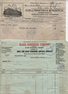 1917 1918 BILLHEAD GALVESTON TEXAS. BLACK HARDWARE & MISTROT BROTHERS WHOLESALE - Picture 1 of 3