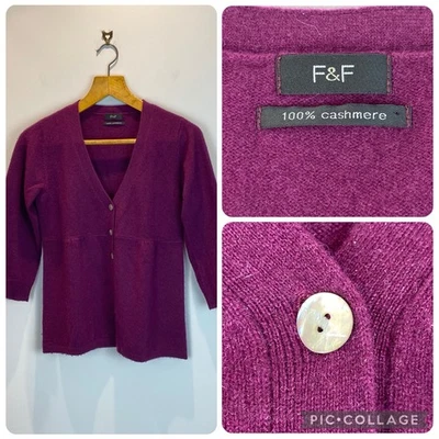 F&F Cashmere Cardigan UK 12 Purple Plum 3/4 Sleeve Button Up V-Neck Knit Peplum - Image 1 of 4