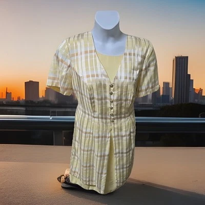 Vtg 1980's Jaclyn Smith Career Dress Short Slv Gold White Plaid Brocade Plus 16W - Image 1 of 4