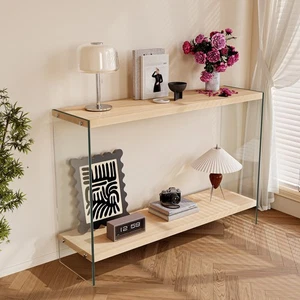 Rectangular Console Table Entryway Side Table Wood-tone MDF Tempered Glass Legs - Picture 1 of 20