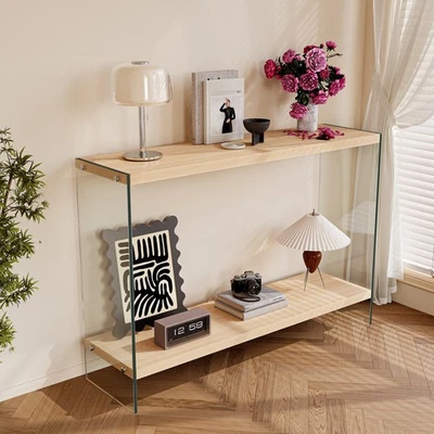 Rectangular Console Table Entryway Side Table Wood-tone MDF Tempered Glass Legs - Image 1 of 4