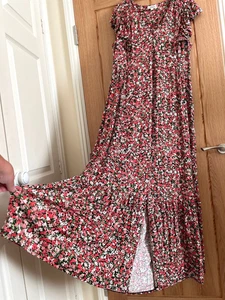 Monsoon Black White with Red, Pink Floral Print Jersey Long Dress, Size L, 16-18 - Picture 1 of 7