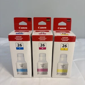 OEM - Canon 26 Mega Tank Color Set Ink Bottles GI-26 Yellow Cyan Magenta 132 ml - Picture 1 of 7